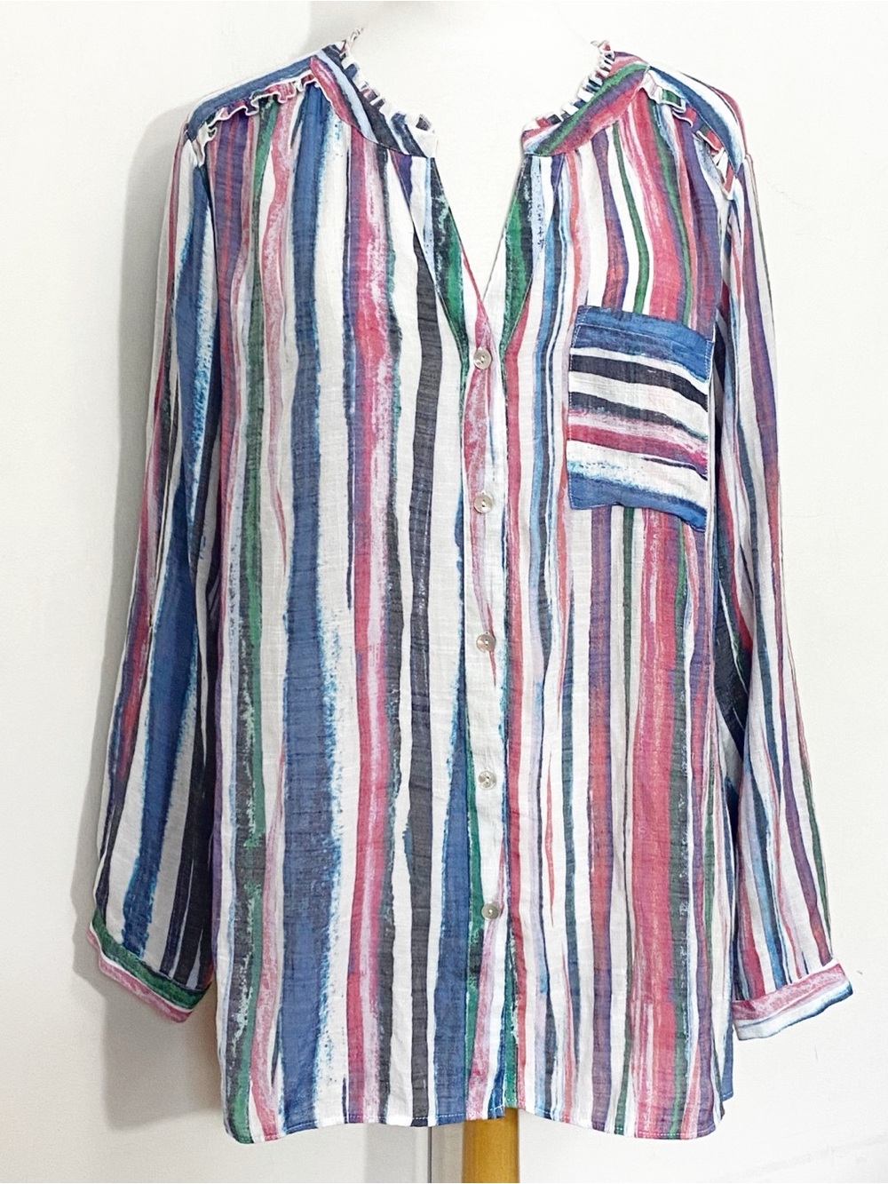 Zac & Rachel Gauzy Striped Multicolor Button-Up Ruffle Trim Womens Shirt 2X